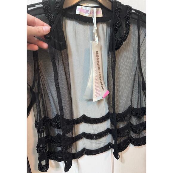 NWT Monique Leshman Black Sheer Scallop Beaded Crop Blouse Top Size S - Picture 7 of 7